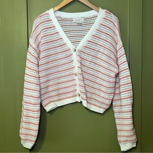 Striped White and Pink Women's Sweater sz L
